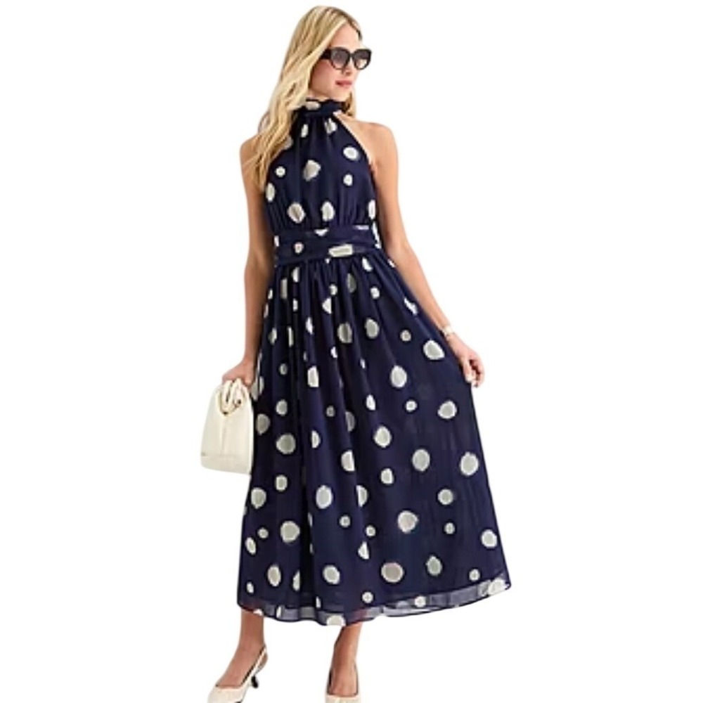 JCPenney Navy Polar Dot Halter Neck Maxi Dress Women's Size 6 NWT New Retail $90
